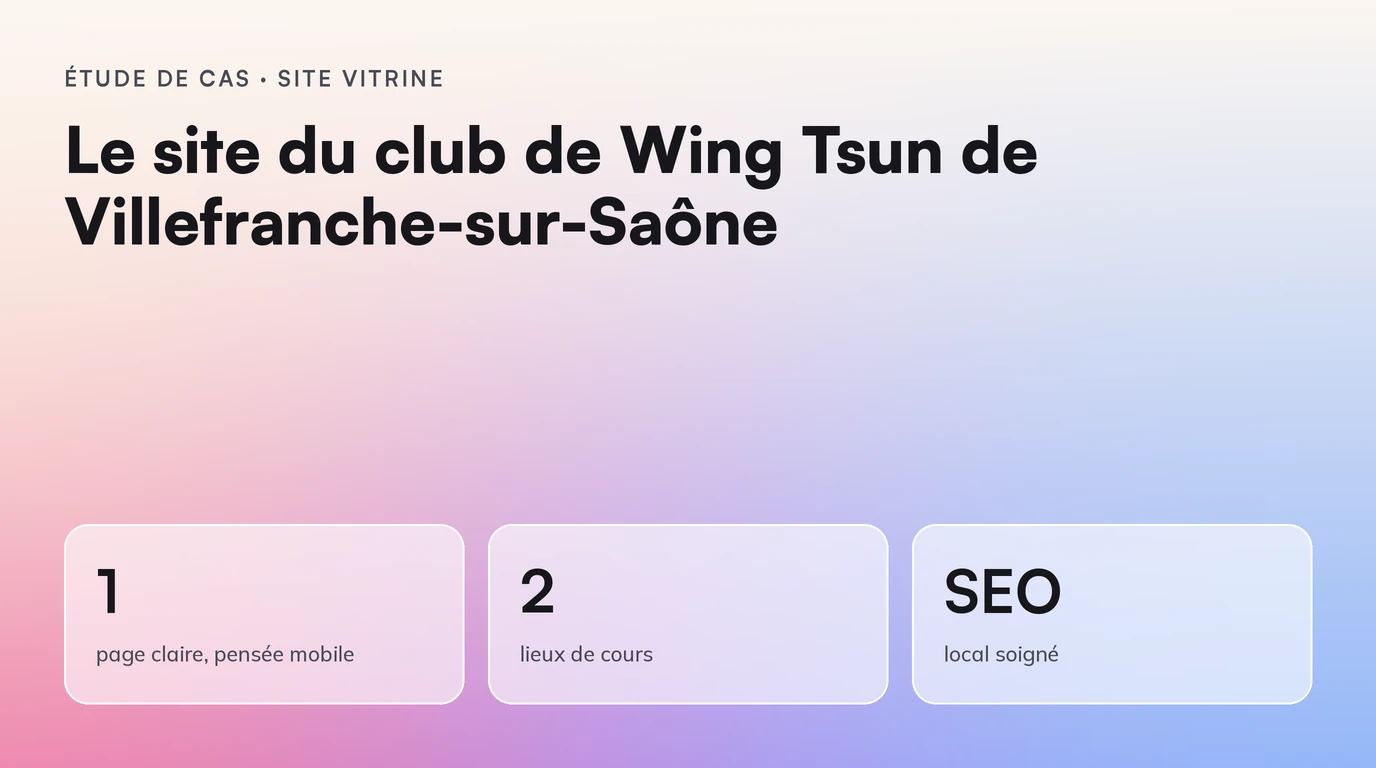 Étude de cas Sway : le site du club de Wing Tsun de Villefranche-sur-Saône. 1 page claire ; 2 lieux de cours ; mis à jour chaque saison